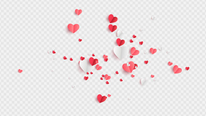 Valentines hearts postcard. Paper flying elements on transparent background. Vector symbols of love in shape of heart for Happy Women's, Mother's, Valentine's Day, birthday greeting card design. PNG	