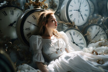 Girl In A White Dress Surrounded By An Ancient Clock, The Bride Awaiting Her Wedding Generative Ai