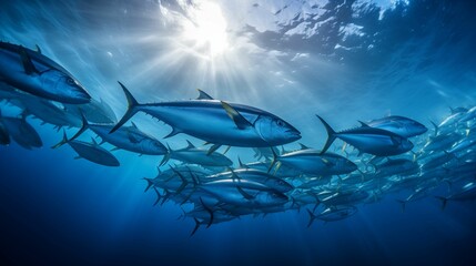 Wall Mural - Swarm of tuna fish swimming in the sea.