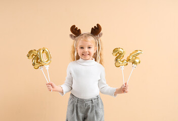 Poster - Cute little girl in reindeer horns with figure 2024 on beige background