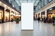 roll up mockup poster stand in an shopping center or mall environment as wide banner design with blank empty copy space area