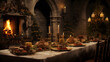 Christmas banquet medieval castle grandeur candlelight --ar 16:9 --v 5.2 --style raw