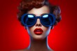 Close up retro portrait of a beautiful brunette woman with sunglasses on red background with copy space, retro style, poster, cutout