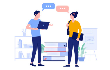 Fototapete - Two students talking - Man and woman having conversation about education and course, standing with computers in hand and speech bubbles. Flat design vector illustration with white background