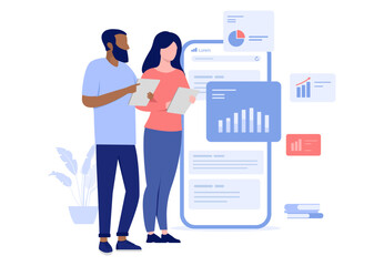 Fototapete - People looking at business chart - Man and woman working and analysing graphs, diagram and abstract financial data. Flat design vector illustration with white background