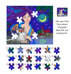 Wall Mural - Can you find four pieces of puzzle that fell out of picture? Logic game for children and adults. Page for kids brain teaser book. Task for attentiveness. Developing spatial thinking. Vector image.