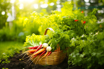 Carrots and garden vegetables in a basket on a farm.