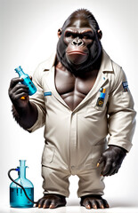 Wall Mural - anthropomorphic caricature gorilla wearing a chemistry clothing with chemical tools