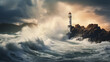 Lighthouse on a cliff during a thunderstorm waves crashing against rocks --ar 16:9 --v 5.2 --style raw