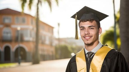 Wall Mural - Portrait of young latin man at graduation wearing toga