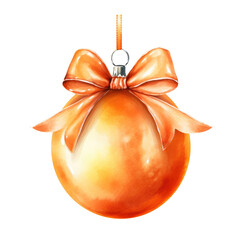 Wall Mural - orange watercolor Christmas ball with ribbon and a bow, isolated on background. Generative AI.