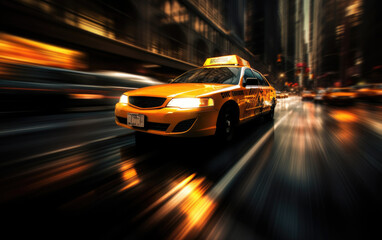 Wall Mural - Yellow taxi driving through the city during rush hour