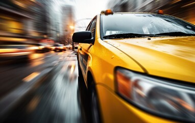 Wall Mural - Yellow taxi driving through the city during rush hour