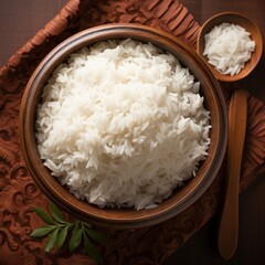 Wall Mural - Cooked plain white basmati rice in terracotta bowl over plain or wooden background