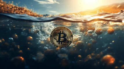 An ocean, waves in the ocean, in the middle of it bitcoin swimming, business concept, relax image, meditating colors, high detailed crypto coin