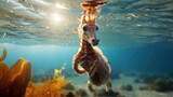Fototapeta  - A baby seahorse swimming under the water. Generative AI.