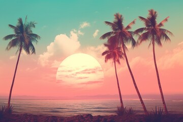 Wall Mural - palm tree trees on the shore on a turquoise and pink beach background,