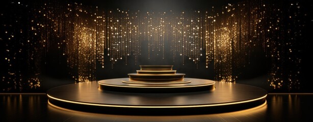 podium lit with golden lights on a black background,