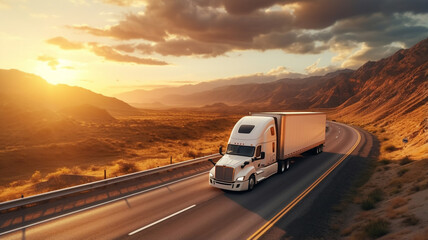 Wall Mural - truck on the highway in the countryside against the backdrop of sunset light