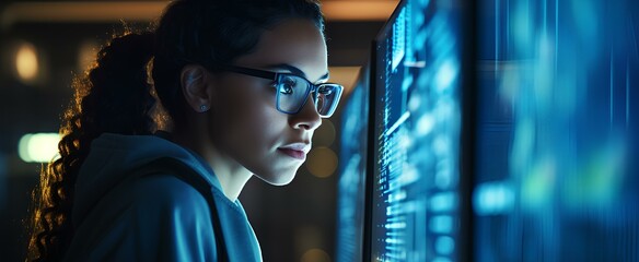 female developer, engrossed in coding on several high-resolution screens in a bustling tech startup environment. The glow of the screens illuminates her concentration and dedication. generative AI