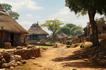 Wall Mural - A traditional village adorned with mud huts and thatched roofs, capturing the essence of rural African communities. Concept of communal simplicity. Generative Ai.