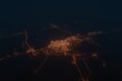 Aerial shot on Pavlodar (Kazakhstan) at night, view from east. Imitation of satellite view on modern city with street lights and glow effect. 3d render