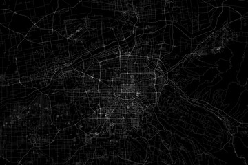 Sticker - Stylized map of the streets of Xian (China) made with white lines on black background. Top view. 3d render, illustration