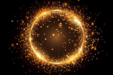 Wall Mural - Gold glitter circle of light shine sparkles and golden spark particles in circle frame on black background. Christmas magic stars glow, firework confetti of glittery ring shimmer	