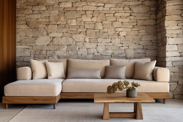 Beige corner sofa in the contemporary minimalist living room interior