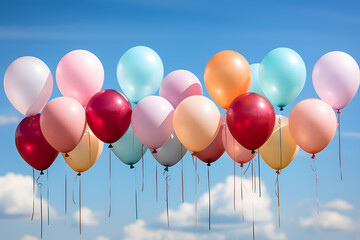 birthday party balloons, colourful balloons background and birthday cake with candles	