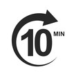 Ten minutes icon with circle arrow. Stopwatch symbol. 10 min countdawn sign. Sport or cooking timer isolated on white background. Delivery, deadline, duration pictogram. Vector graphic illustration