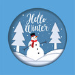 Snowman on winter landscape paper art badge Vector