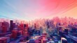 Abstract technology background. Scatter topographic landscape based on colorful cubes. Abstract low poly city with blue and pink buildings. 