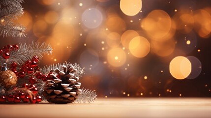  Christmas greeting card with fir branches, berries, stars and decoration ornaments elements and blurred bokeh light background.