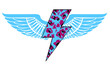 Design for t-shirt with animal print thunderbolt symbol and blue wings