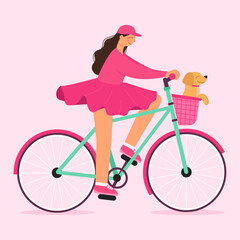 A young woman rides a bicycle with a cute dog in a basket. Vector illustration in flat style in pink colors.