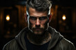 A tattooed tough guy with a piercing gaze, exuding an air of mystery. Concept of an enigmatic personality. Generative Ai.