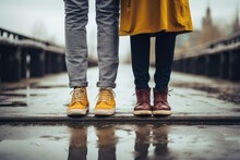 Close Up Of Couple Legs In Yellow Raincoat And Sneakers On Bridge, Street Fashion Concept, A Man And Woman Feet Wearing Modern Stylish Sneakers Standing In The Puddle