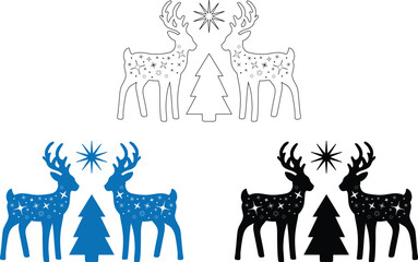 Sticker - Winter Stars Reindeer Design - Outline, Silhouette & Color