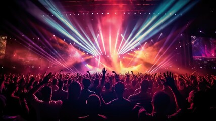 silhouette of concert crowd in front of bright stage lights. Dark background, smoke, concert spotlights