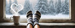 Cozy feet in wool socks by a windowsill, with a steaming cup and a heart-shaped steam above, overlooking a snowy forest. Panorama with copy space. White background.