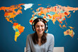 A young woman in headphones smiles, sitting against a world map backdrop. Exploring foreign languages concept