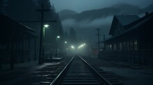 A Film-still Of A Train Station Platform In A Coastal Town In The Wilderness Of Alaska At Midnight