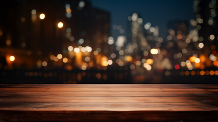 Empty wood table for product display in blur background of admirable restaurant at night