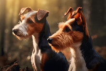 Two Black, Brown And White Rough Haired Wire Fox Terrier Dogs In Forest Nature Close Up Photography, Hunting Breed
