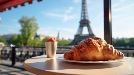 Wall Mural - An appetizing croissant on a bistro table in Paris with the Eiffel Tower in the background.