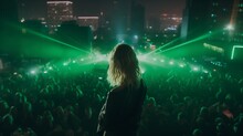 Blonde Girl With Performing On A Stage In Front Of A Big Crowd, Back Shot, Neon Aesthetic