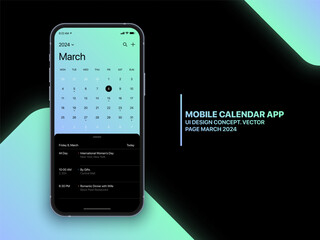 Wall Mural - vector mobile calendar app march 2024 page with to do list and tasks ui ux design concept on isolate