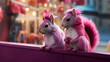 Two squirrels dressed in pink clothes. Funny theater concept.