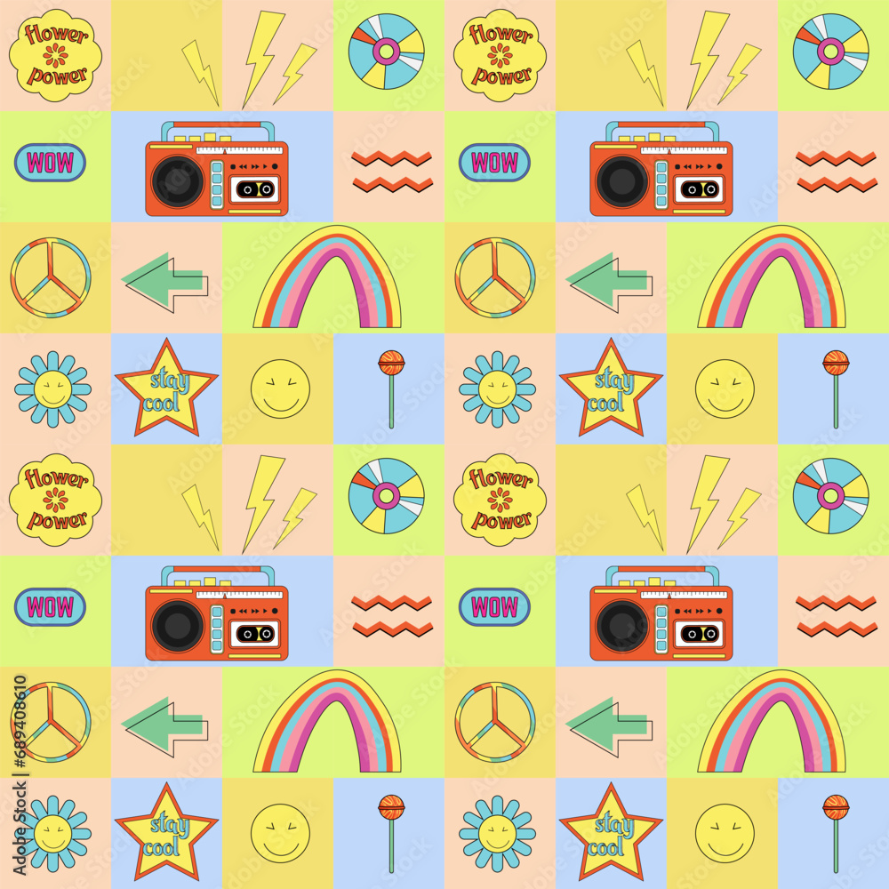 Smiley 80s Pattern Retro pattern style 80s and 90s. A tape recorder, a smiley face and ...
